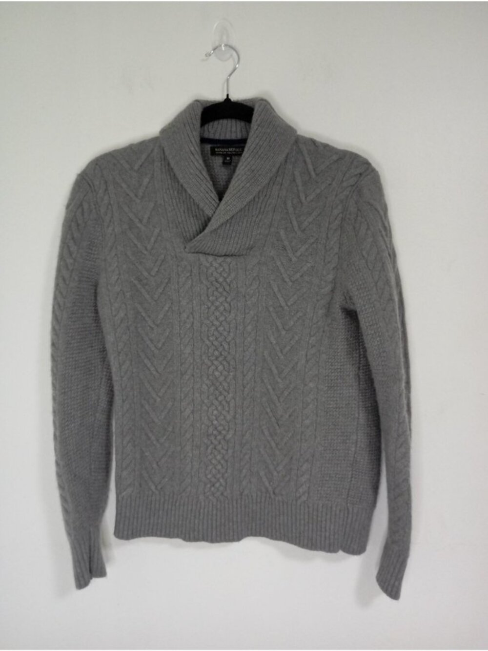 Banana Republic Italian Yarn Cable Knit Shawl Collar Sweater Gray Size M Womens